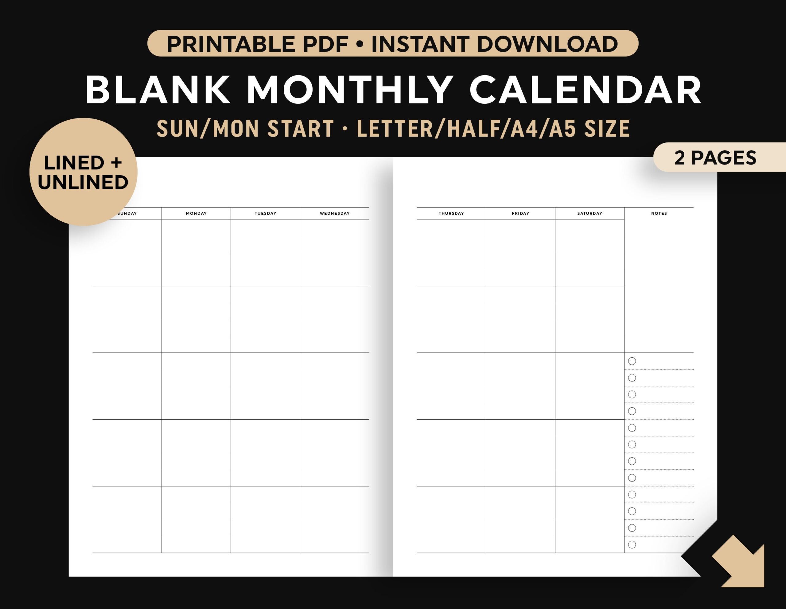 2 Page Blank Monthly Calendar Printable Two Page Month Calendar Lined unlined Instant Digital Download Sunday monday Start Etsy
