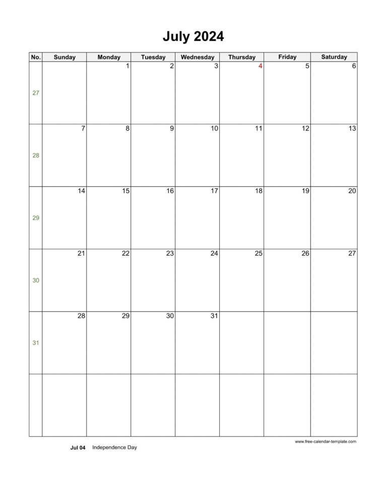 2024 July Calendar Blank Vertical Template Free calendar template