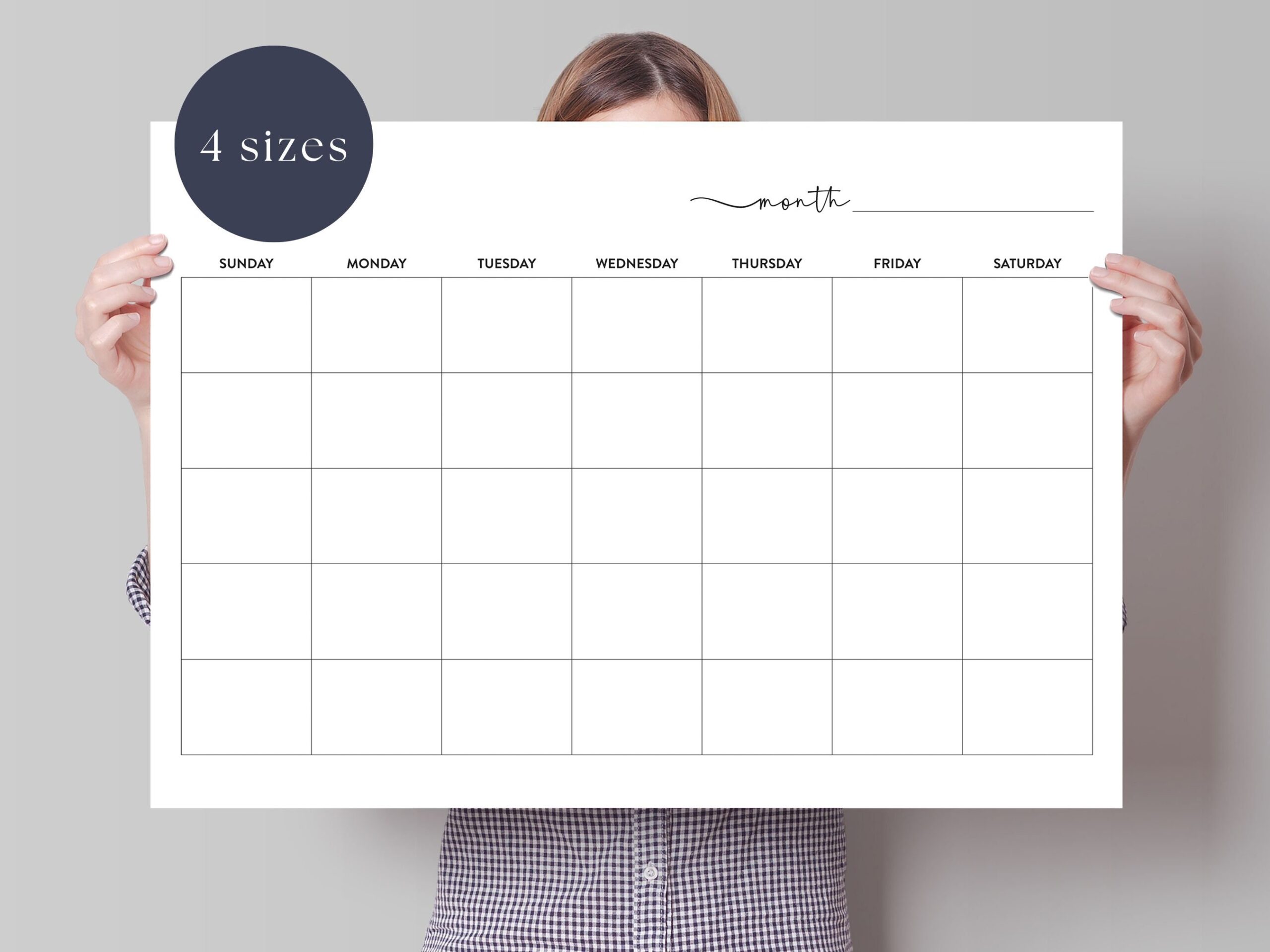 Blank Printable Calendar Large Wall Calendar Undated Calendar 8x11 18x24 24x36 27x40 Sunday And Monday Start Digital Download DIY Etsy