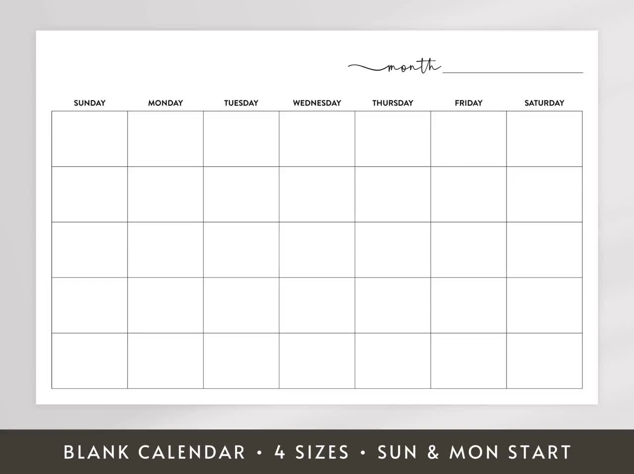 Blank Printable Calendar Large Wall Calendar Undated Calendar 8x11 18x24 24x36 27x40 Sunday And Monday Start Digital Download DIY