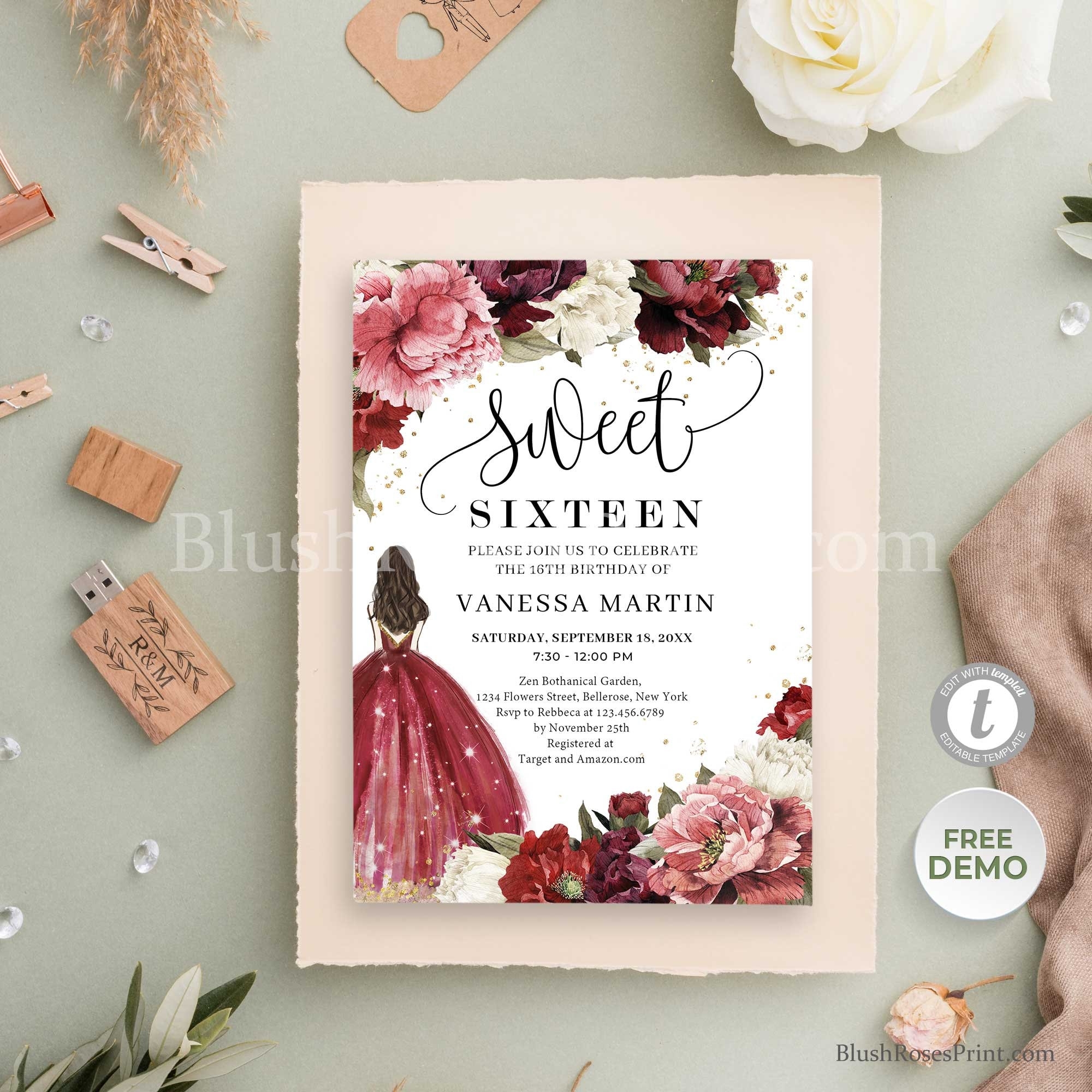 Burgundy And Blush Sweet 16 Invitation Template Editable Sweet Burgundy And Blush Sweet 16 Invitation Template Editable Sweet