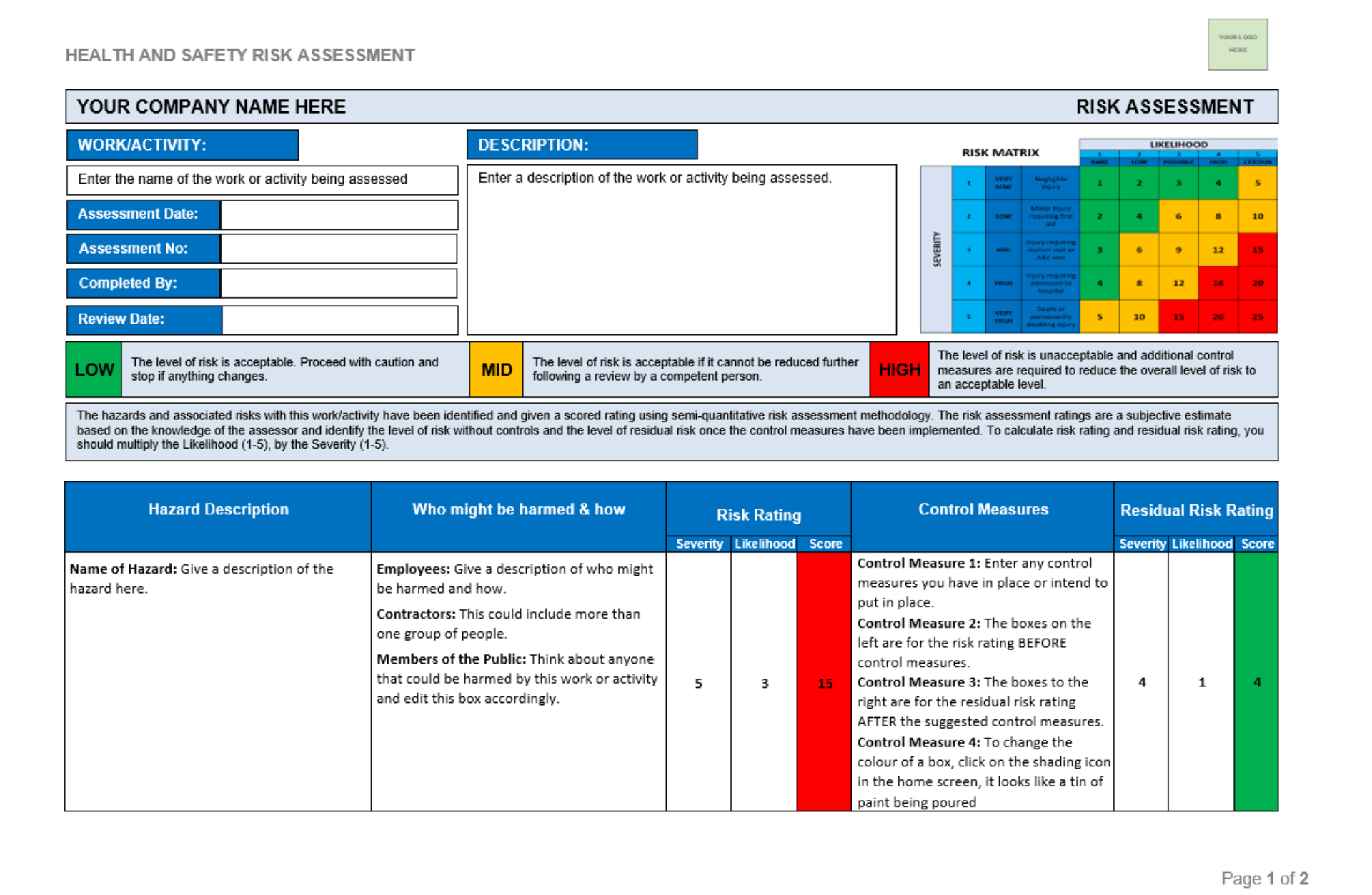 Printable Blank Simple Risk Assessment Template Printable Blank Simple Risk Assessment Template