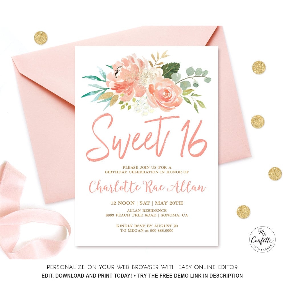 EDITABLE Peach Floral Sweet 16 Birthday Party Invitation EDITABLE Peach Floral Sweet 16 Birthday Party Invitation
