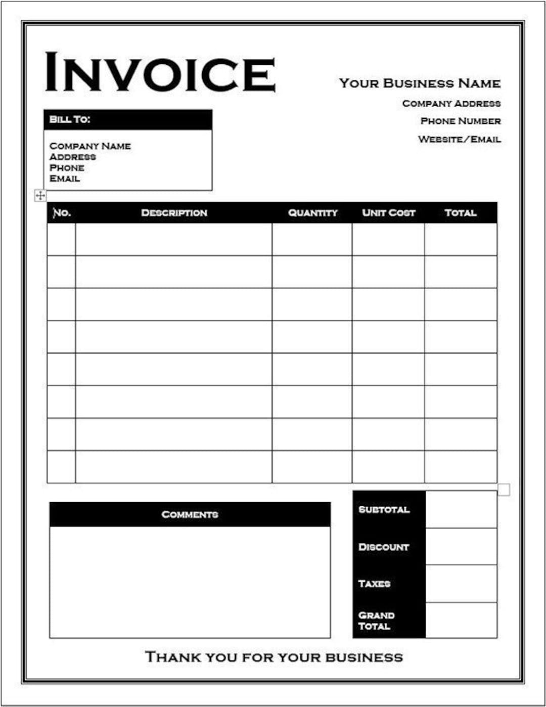 Invoice Template Printable Editable Customizable Microsoft Word Template Black And White Etsy Invoice Template Printable Editable Customizable Microsoft Word Template Black And White Etsy