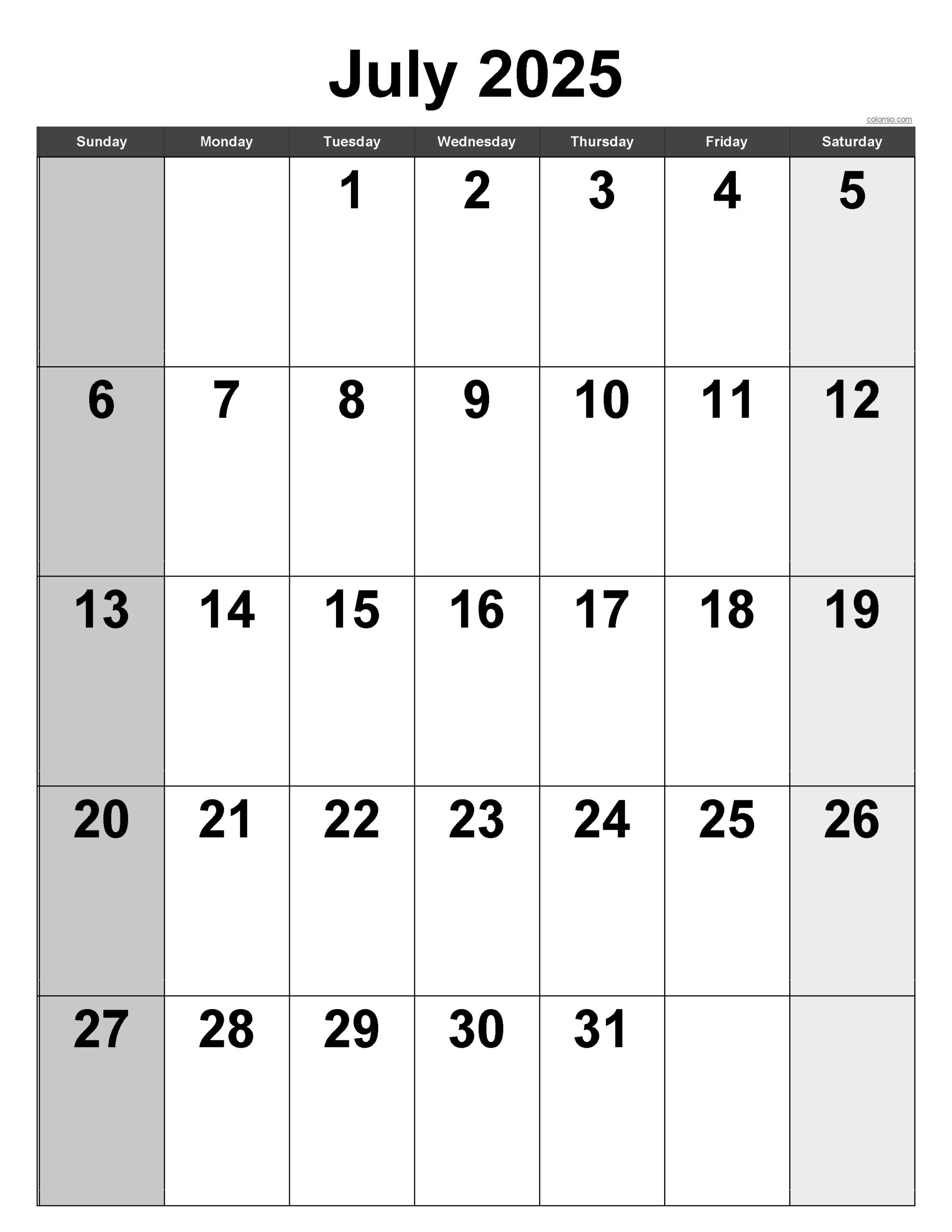Blank Color July Calendar Printable Blank Color July Calendar Printable