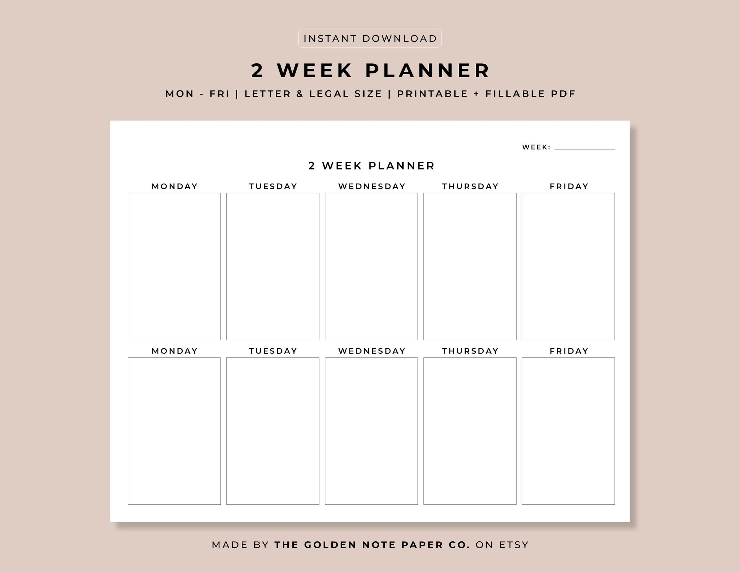 Blank Minimalistic 2 Week Planner Printable Landscape Schedule  Blank Minimalistic 2 Week Planner Printable Landscape Schedule