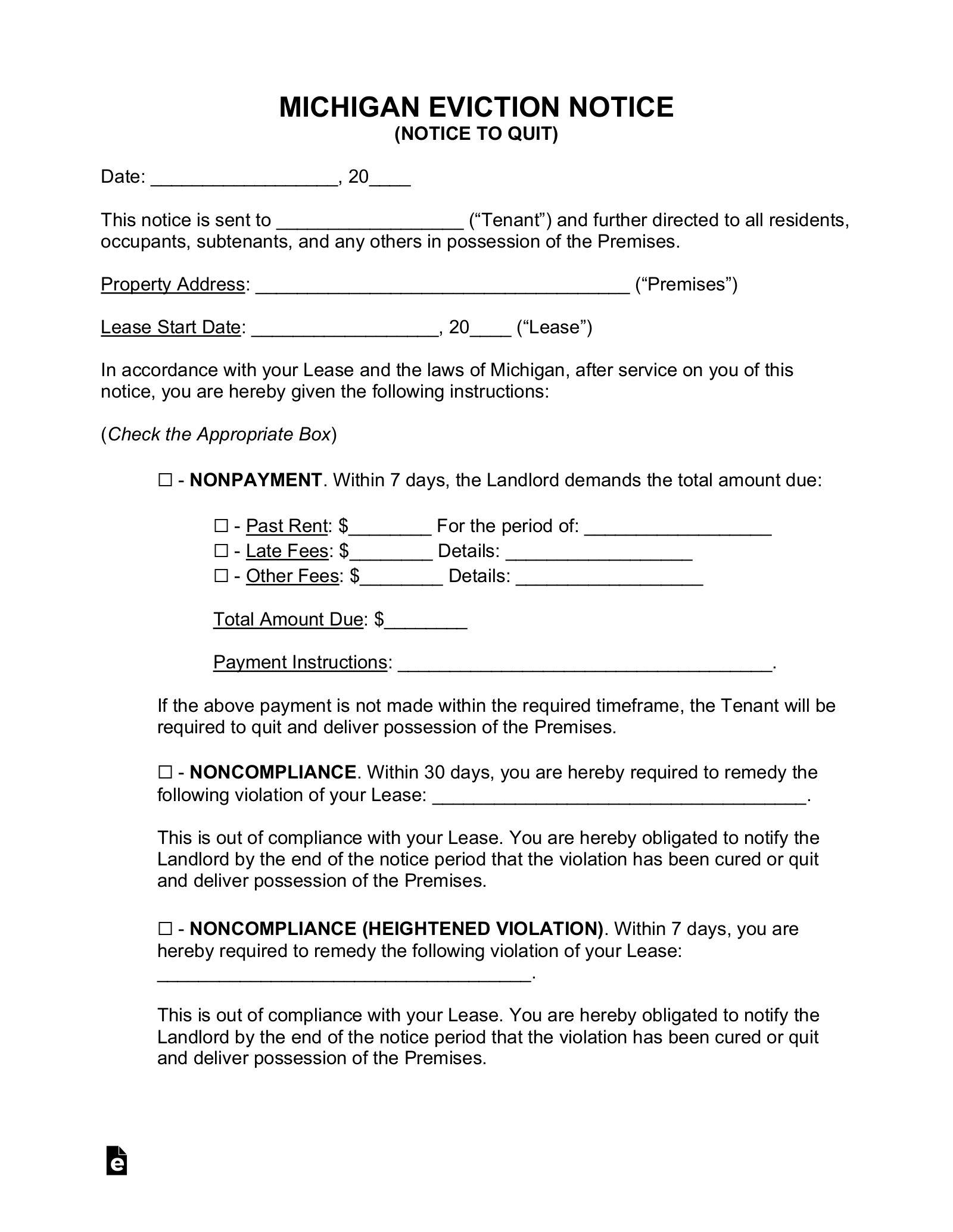Free Michigan Eviction Notice Forms 4 PDF Word EForms