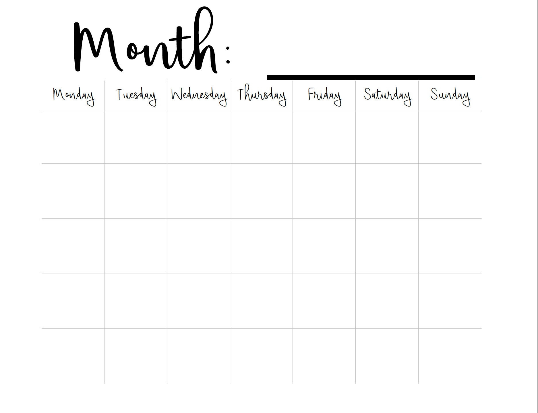 Printable Blank Monthly Calendar Monday Start 16 X 20