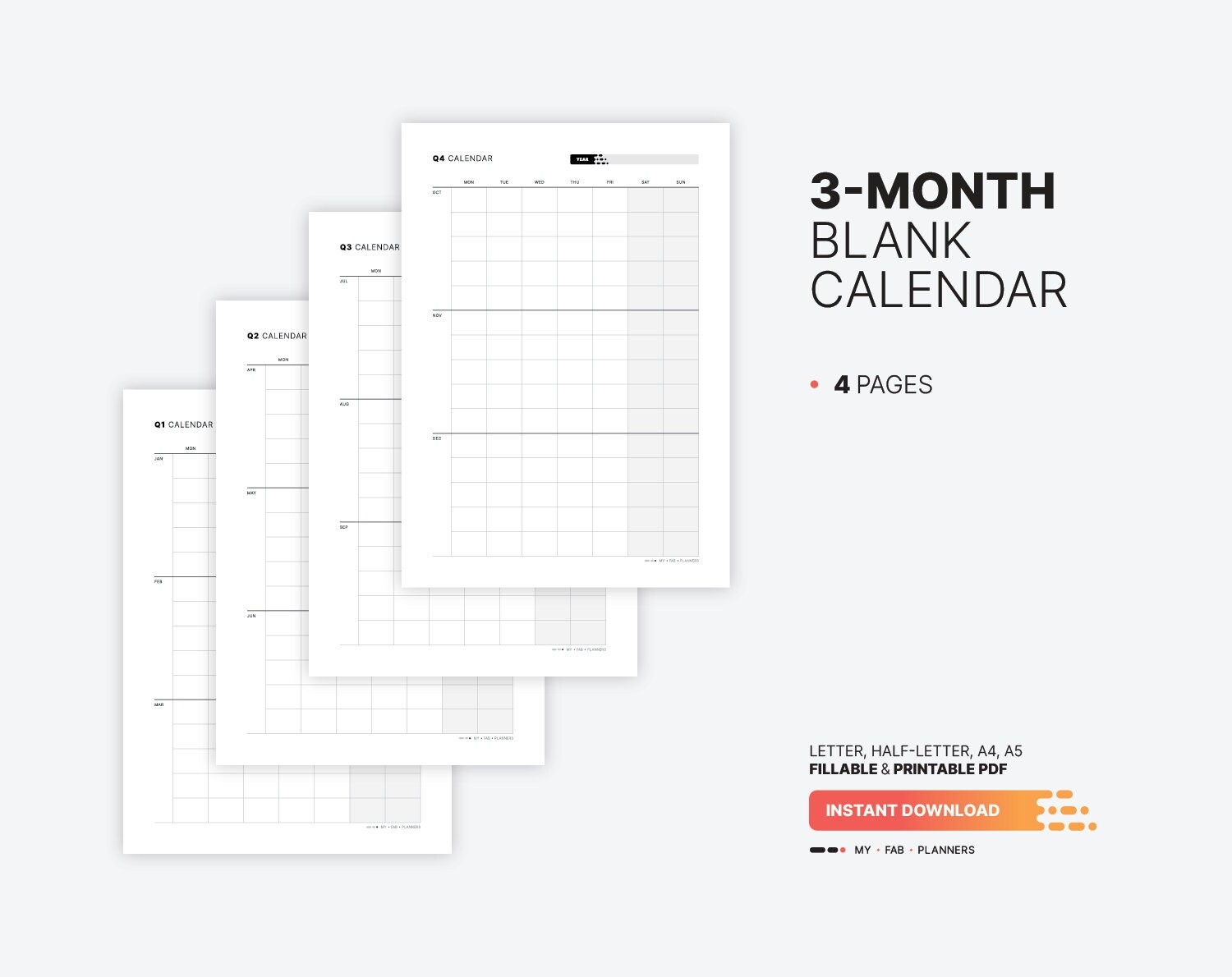 Yearly 3 month Calendar Quarterly Fillable Planner Template 